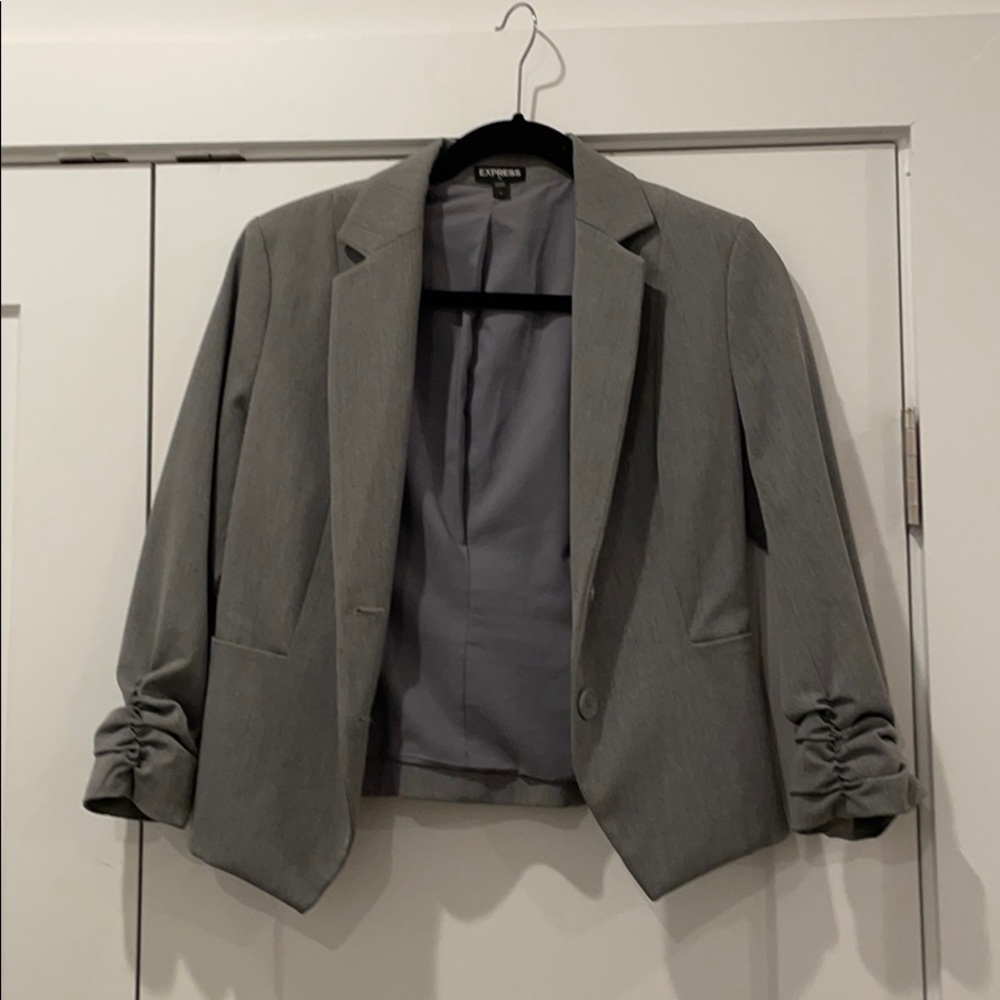 Trendy Grey Express Cropped Ruched Sleeve Blazer